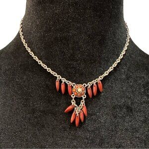 Vintage-Style Gold-Tone Necklace With Red Dangles Ornate Centerpiece